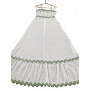 White Green Trim Tiered Maxi Dress Women’s Sleeveless‎ Summer Boho Flowy